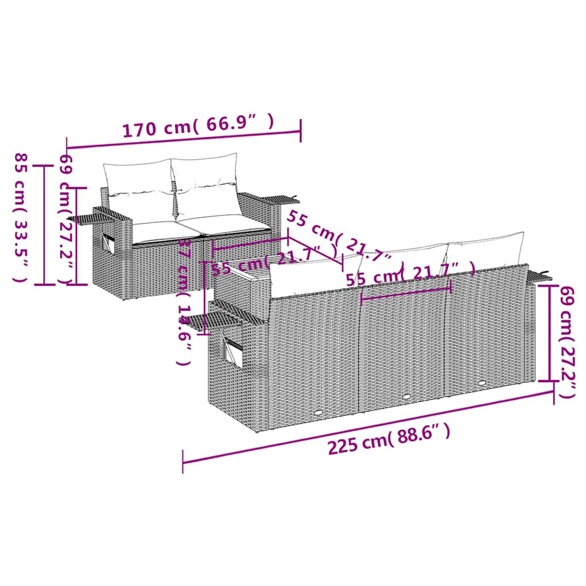 Geflecht-Gartenmöbel-Set: ein Zweisitzer und ein Sofa, mit Maßangaben. Weiße Kissen und eine dunkle Korbgeflechtfarbe.