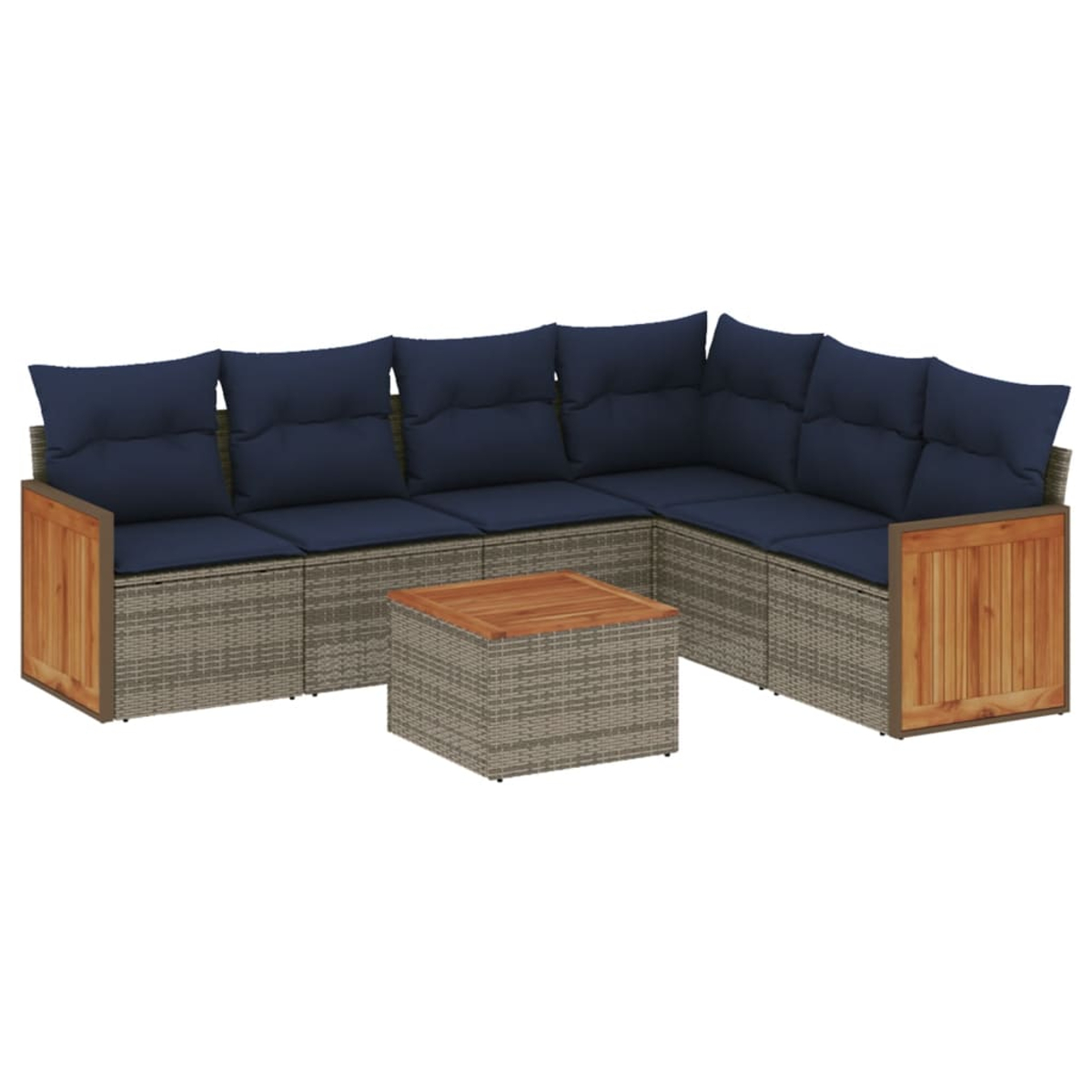 L-förmiges Outdoor-Sofa mit marineblauen Kissen, einem Holztisch und Holzarmlehnen. Das Set steht vor weißem Hintergrund.