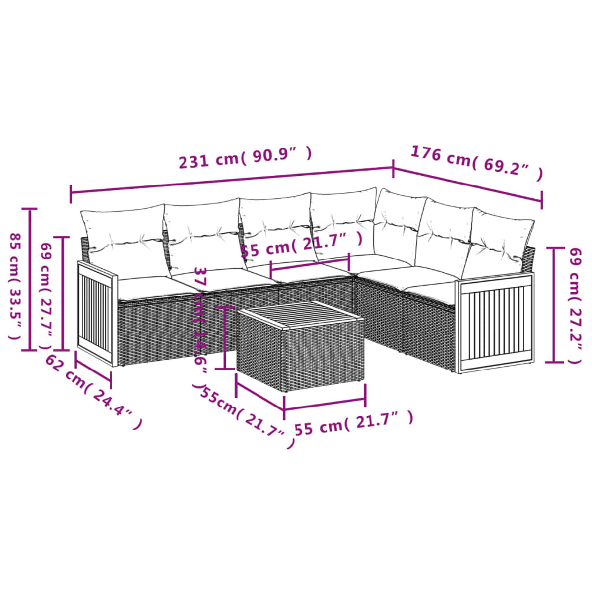 Ein Ecksofa und ein quadratischer Couchtisch sind abgebildet. Maße in cm und Zoll sind auf Sofa und Tisch angegeben.