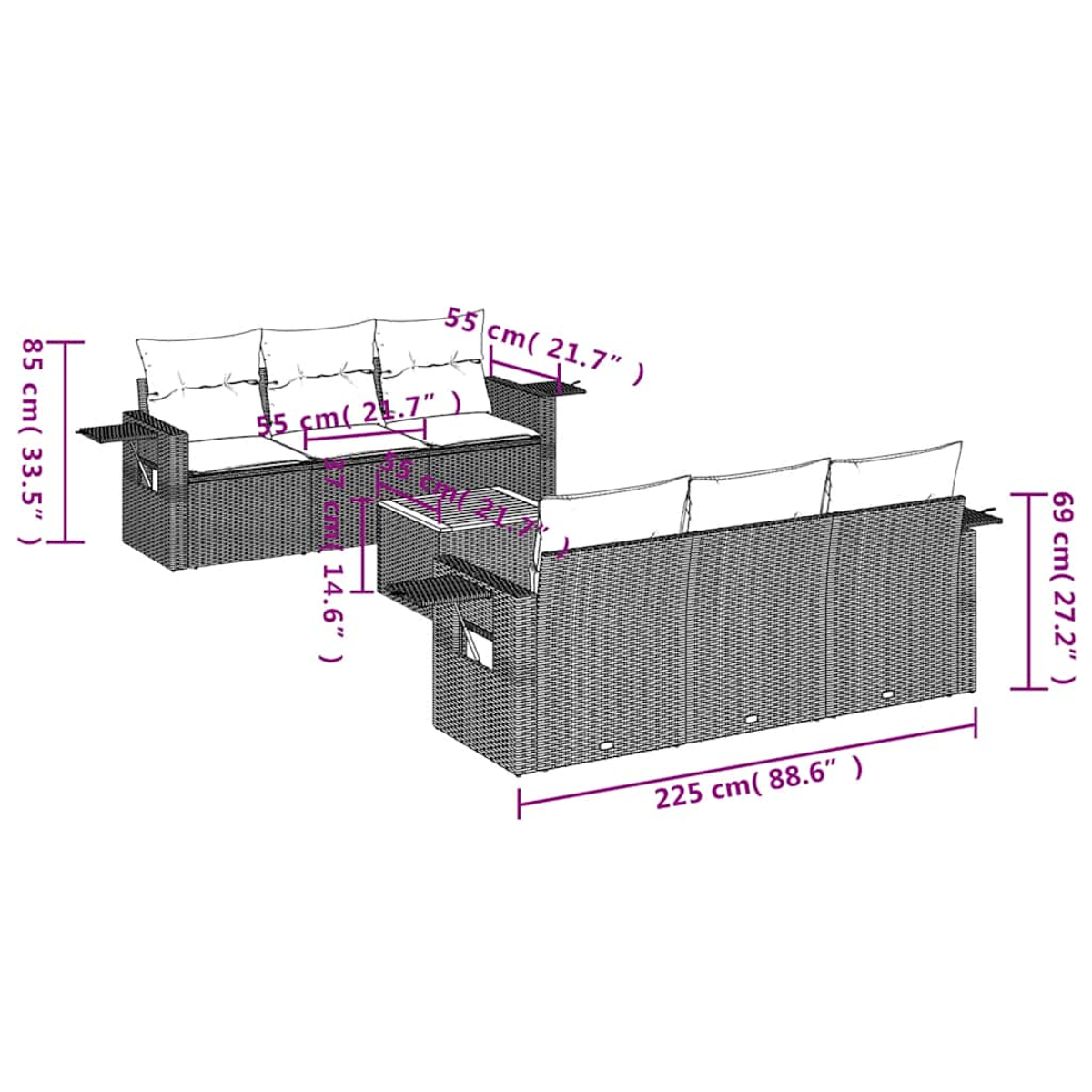 Zwei Rattansofas mit Maßangaben. Eines hat 3 Sitze, das andere 2. Maße in cm und Zoll sind angegeben.