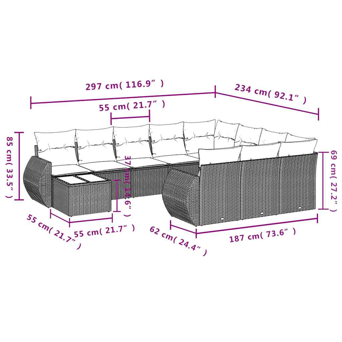 Outdoor-Ecksofa mit Maßangaben in cm und Zoll. Verfügt über Kissen und einen gewebten Rahmen. Ein Beistelltisch ist ebenfalls enthalten.