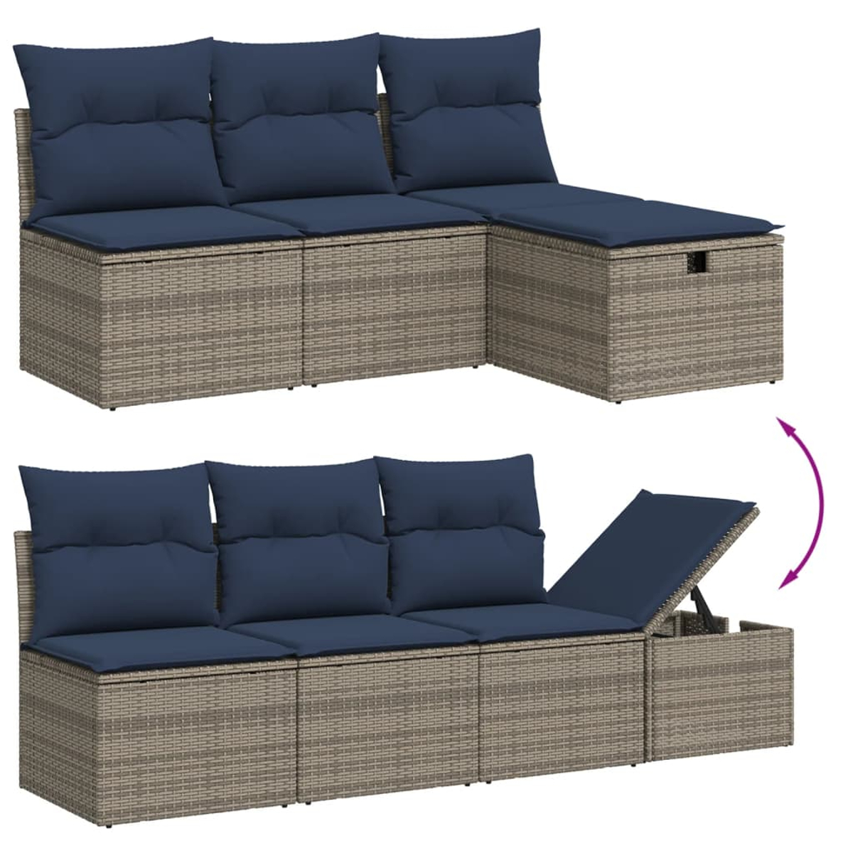 Ein modulares Outdoor-Sofa mit dunkelblauen Kissen und hellbraunem, gewebtem Rahmen. Ein Abschnitt hat einen geöffneten Deckel.