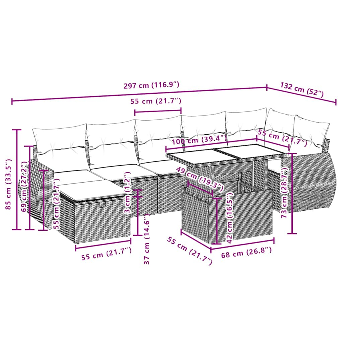 Ein Diagramm eines Outdoor-Sofasets aus Korbgeflecht mit Abmessungen. Es umfasst ein langes Sofa, eine Ottomane und einen Tisch, alle mit Maßen.