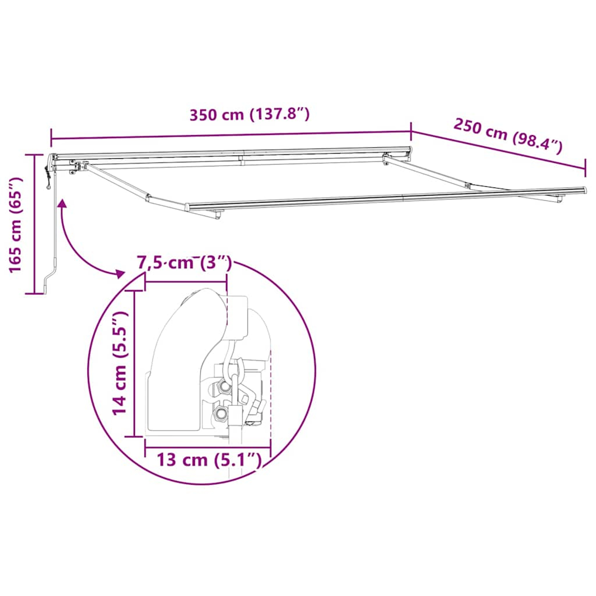 Diagramm einer Markise mit Maßen: 350 cm breit, 250 cm Ausladung, 165 cm Höhe. Detailansicht des Mechanismus mit Maßen.