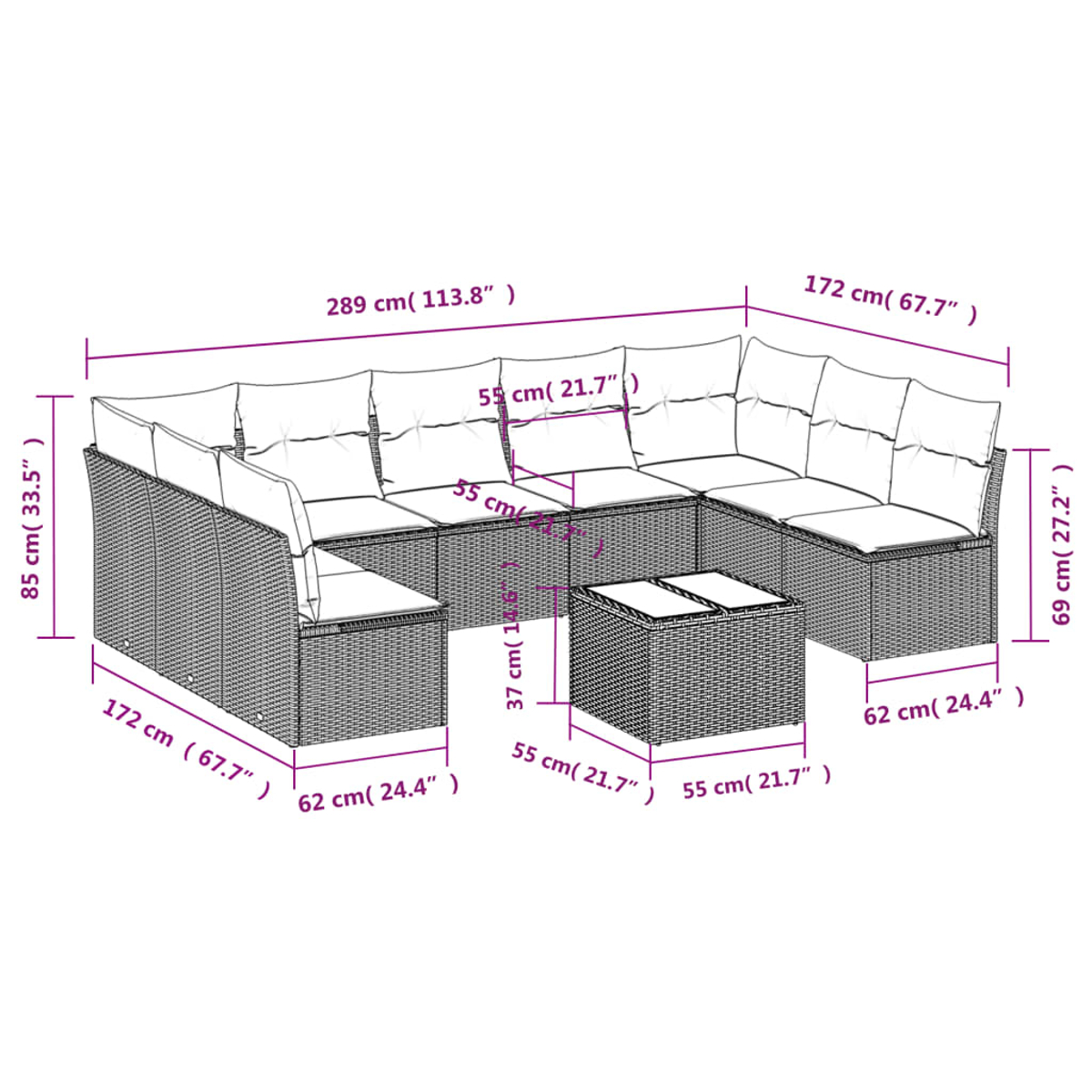 Ein Rattan-Outdoor-Sofaset mit Maßangaben in Zentimetern und Zoll, einschließlich eines zentralen Tisches. Kissen sind sichtbar.