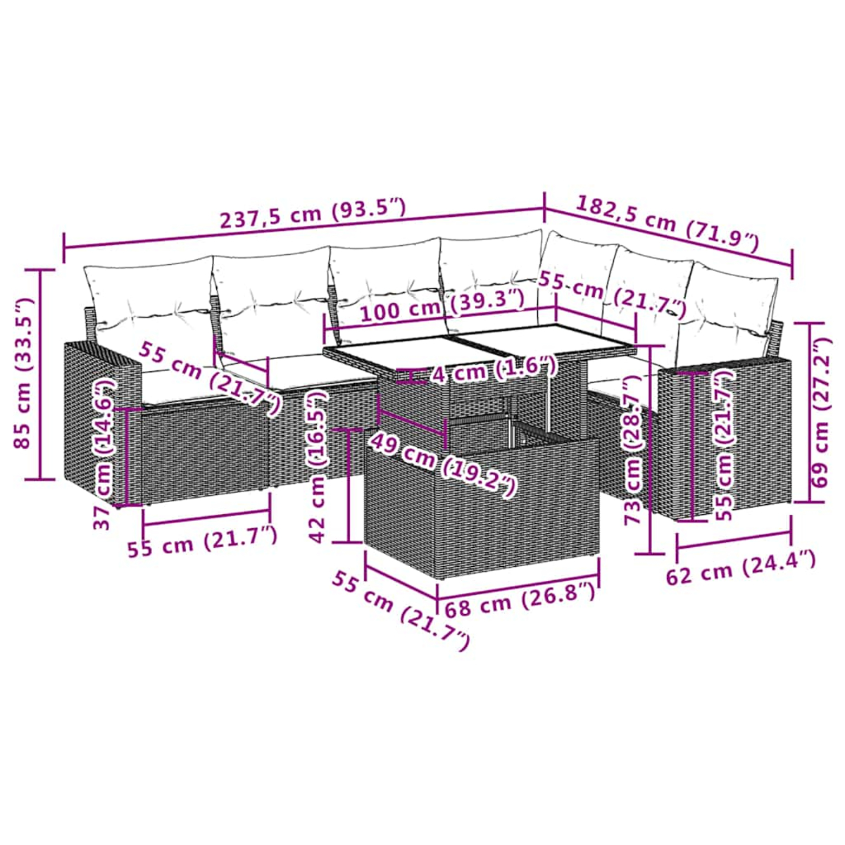 Diagramm eines Rattan-Terrassenmöbels mit Abmessungen. Es zeigt ein Sofa, zwei Stühle und einen Tisch, alles in Hellbraun.