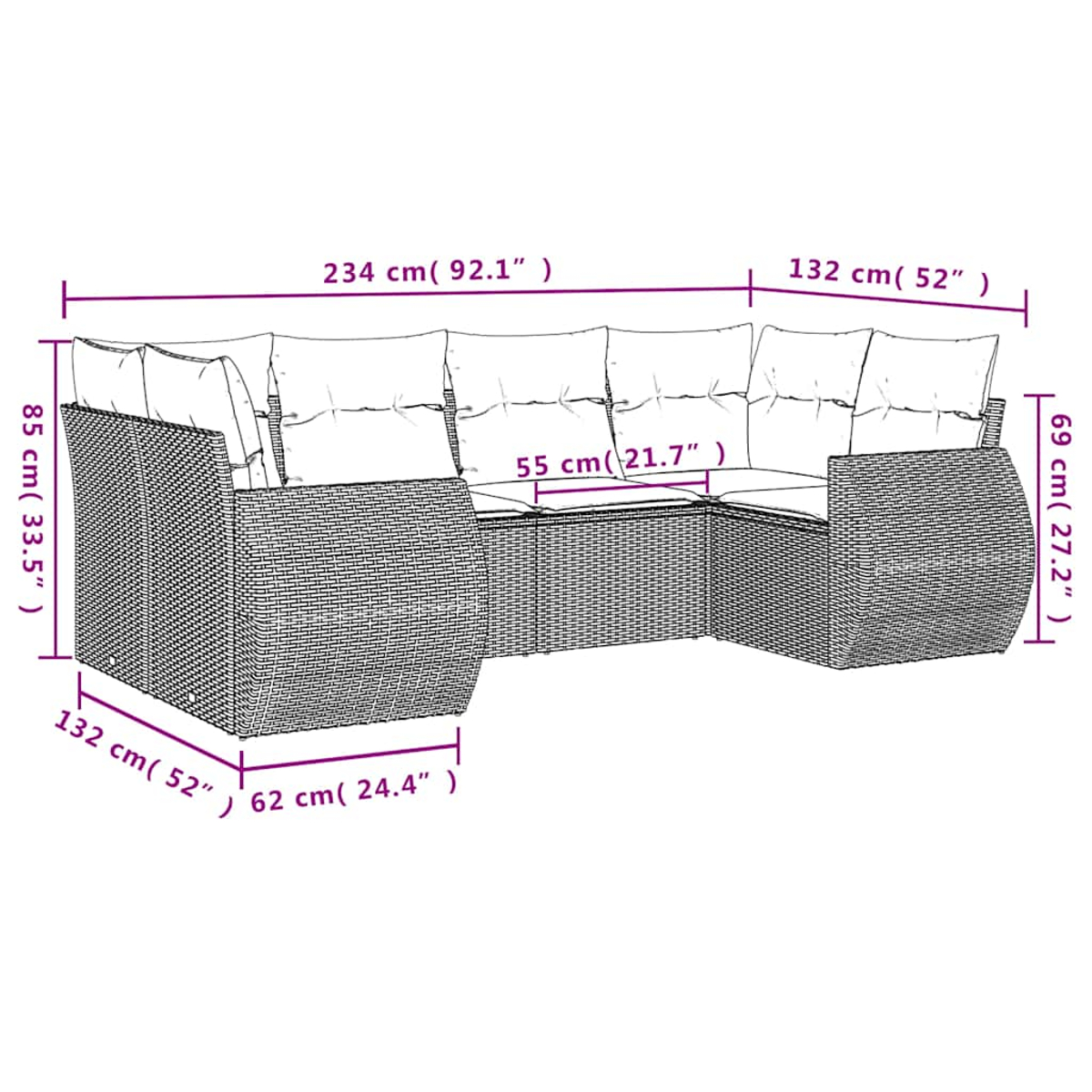 Ein geflochtenes Outdoor-Ecksofa mit angegebenen Abmessungen. Es hat weiße Kissen und besteht aus einem dunkelbraunen Material.
