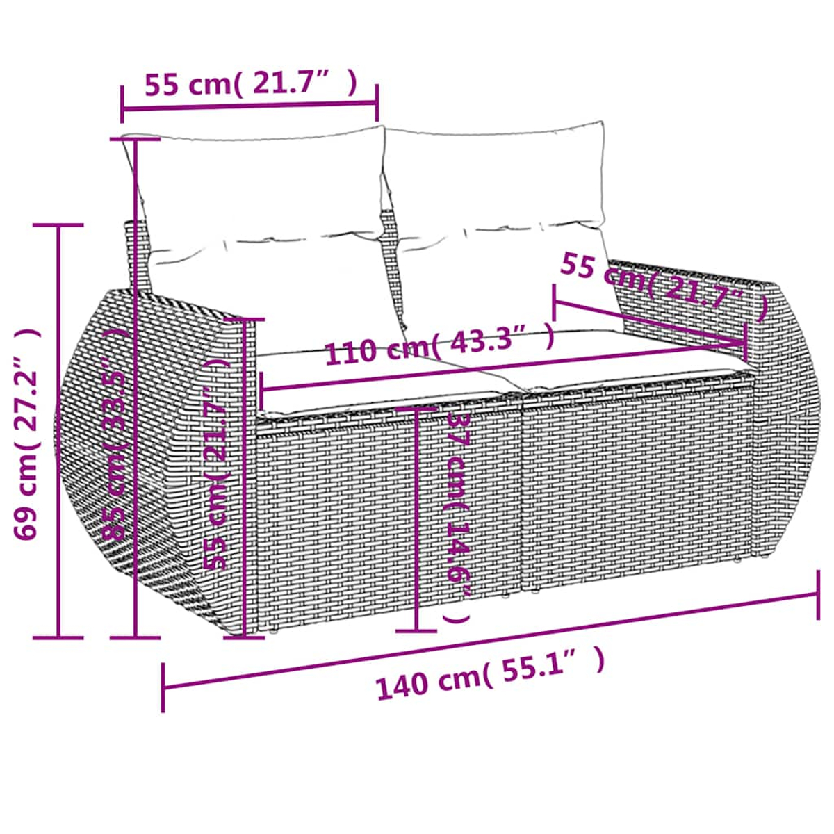 Ein zweisitziges Sofa aus Weide mit weißen Kissen. Die Abmessungen sind beschriftet: 140 cm breit, 69 cm hoch und 55 cm tief, mit weiteren Innenmaßen.