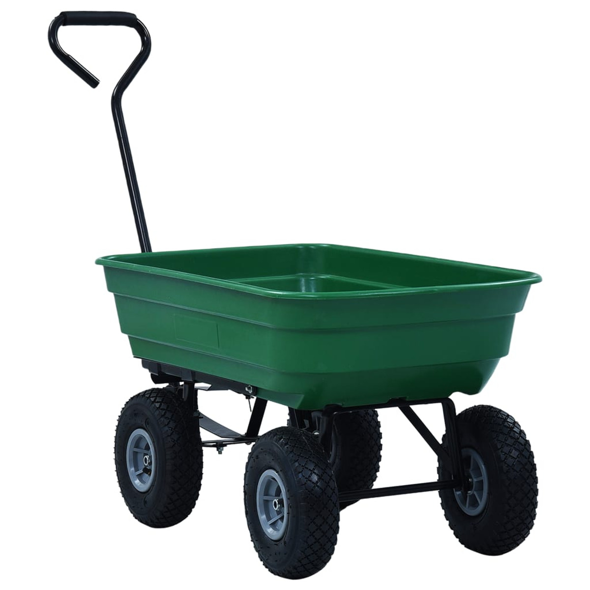 Ein grüner Nutzfahrzeugwagen mit vier großen Reifen, einem schwarzen Griff und einer rechteckigen Wanne. Die Räder sind schwarz mit grauen Zentren.