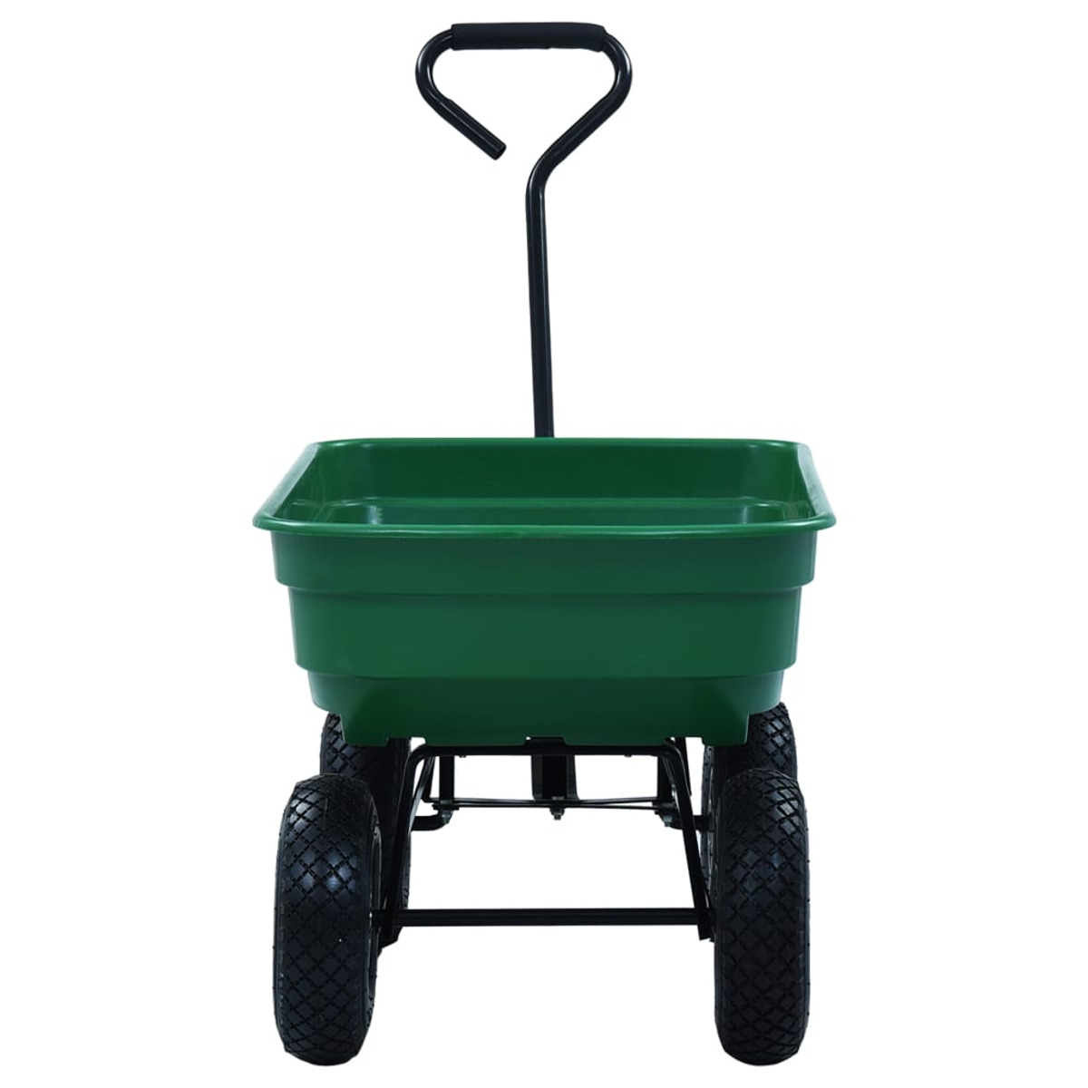 Ein grüner Gartenwagen mit schwarzem Griff und Rädern, isoliert auf weißem Hintergrund. Der Wagen ist leer und einsatzbereit.