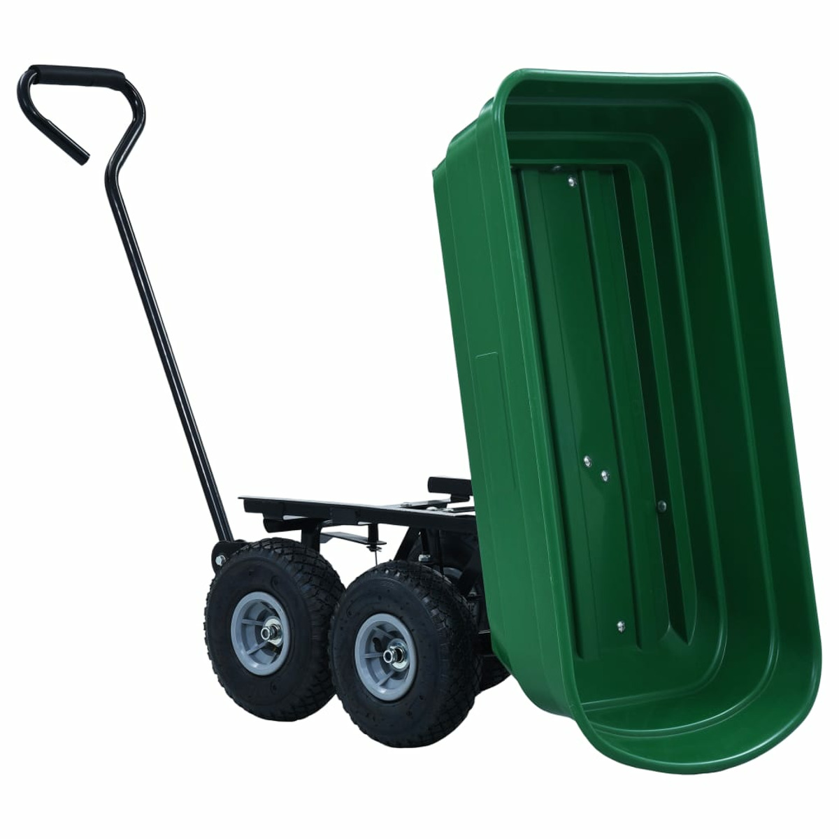 Ein grüner Transportwagen mit schwarzem Griff. Er hat vier Räder und eine kippbare Ladefläche.