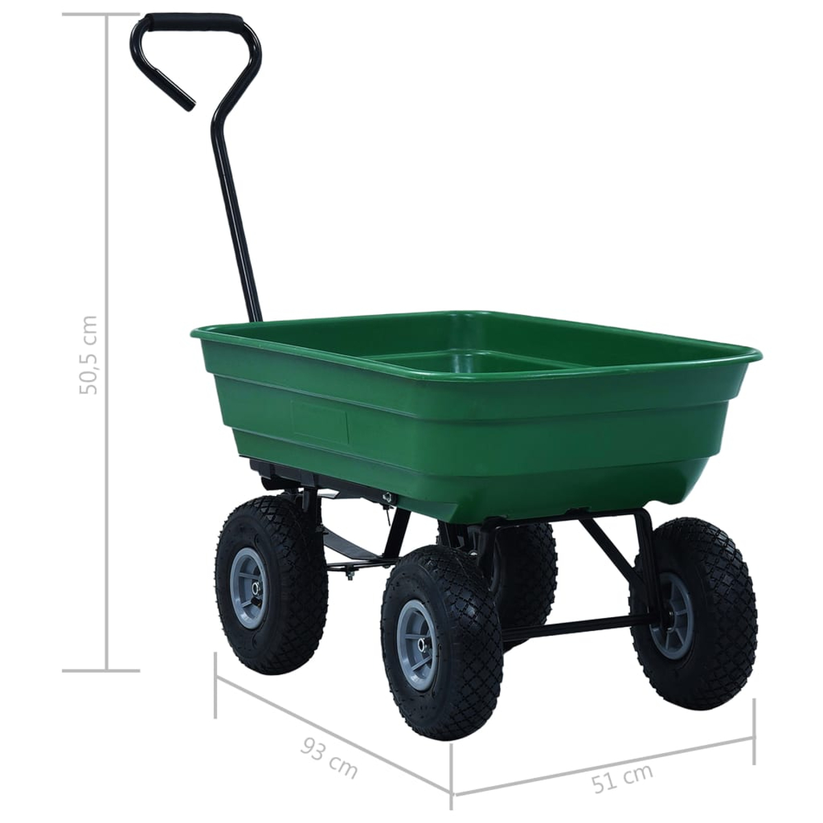 Ein grüner Gartenwagen mit vier schwarzen Rädern. Er hat einen schwarzen Griff und einen grünen Behälter. Abmessungen werden angezeigt.