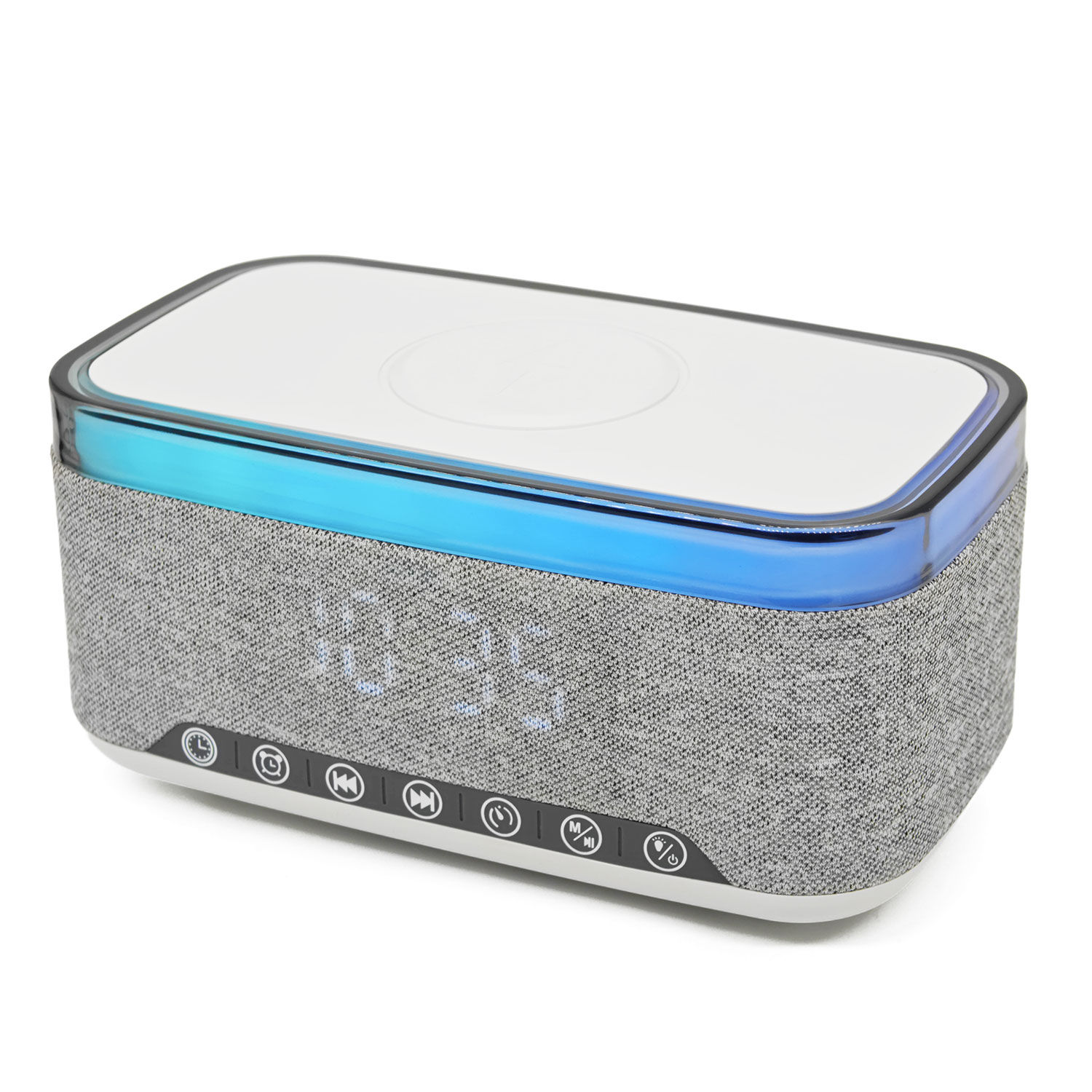 Ein rechteckiger Lautsprecher mit weißer Oberseite und grauem Lautsprecherstoff. Er hat eine Digitaluhr, blaue Lichter und Bedientasten.