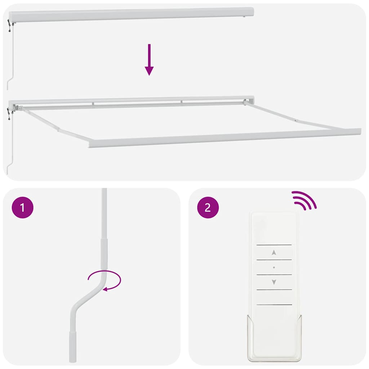 Diagramm eines Markiseninstallationsprozesses. Zeigt die Markisenstruktur, eine Kurbel und eine Fernbedienung.