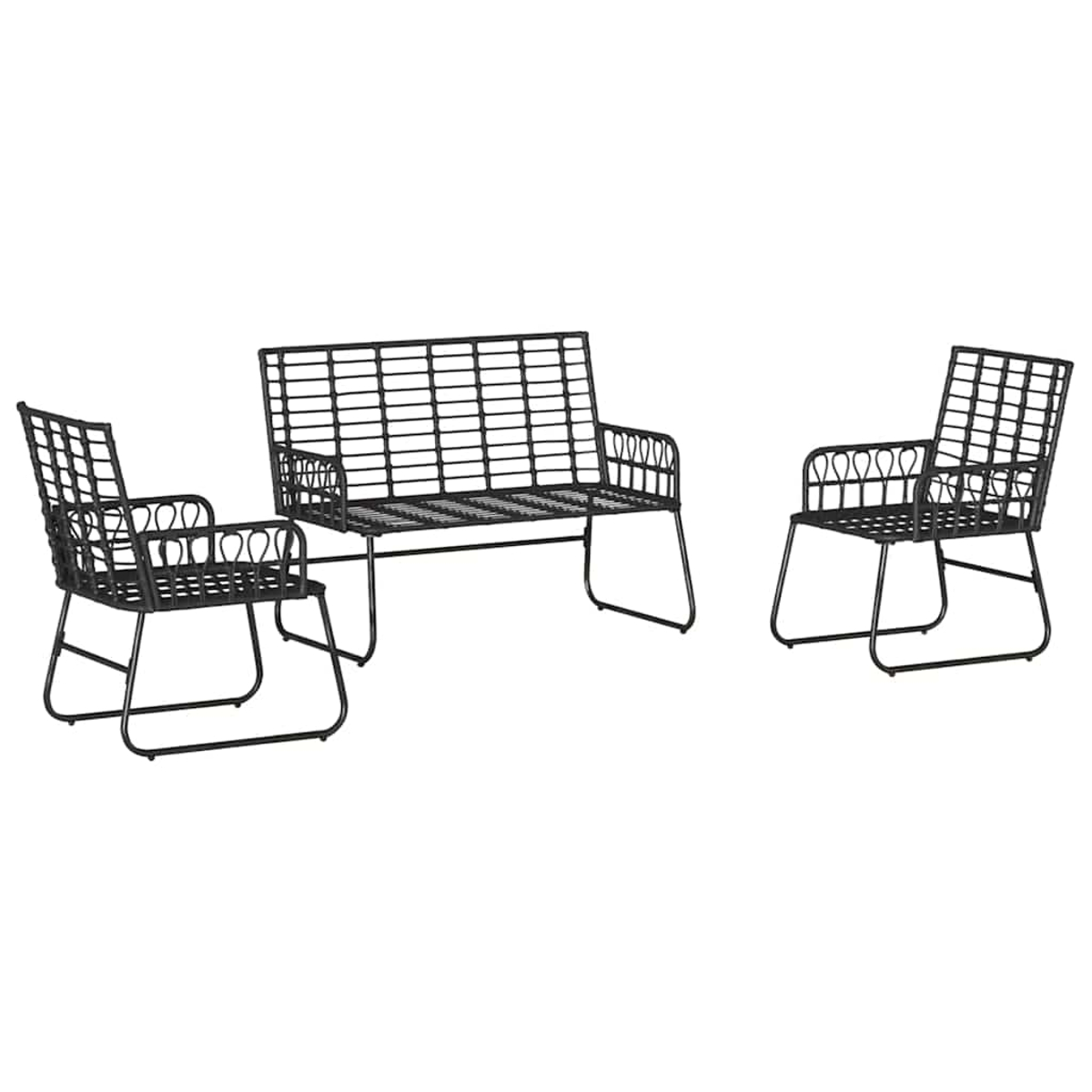 Drei schwarze Metall-Gartenmöbel: eine Zweiersitzbank und zwei Armlehnsessel, alle mit gitterartigem Design, vor weißem Hintergrund.