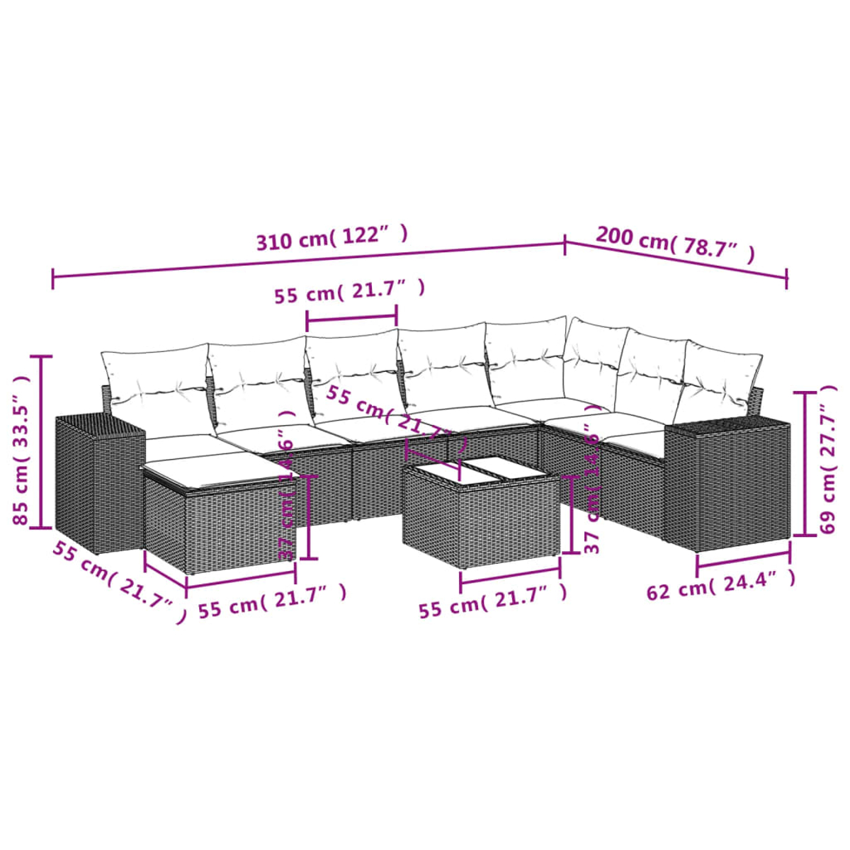 Ein großes Ecksofa für den Außenbereich mit beschrifteten Abmessungen. Es besteht aus dunklem Korbgeflecht mit weißen Kissen und einem passenden Couchtisch.
