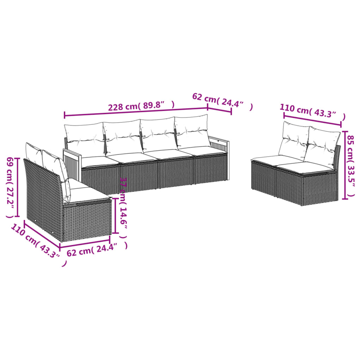 Ein Rattan-Gartenmöbelset mit großem Sofa und zwei Einzelsitzen, Abmessungen in cm und Zoll angegeben.