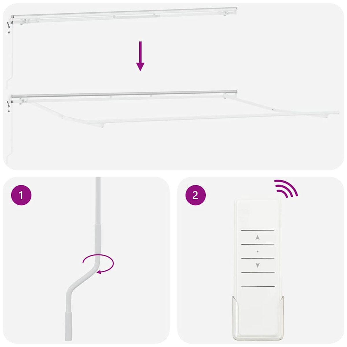 Anweisungen zur Installation einer Markise. Enthält Diagramme der Markise, einer Kurbel und einer Fernbedienung.