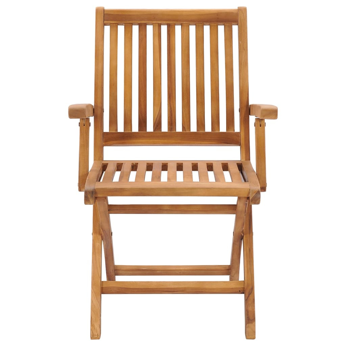 Ein hölzerner Klappstuhl mit Latten an Rücken und Sitz, Armlehnen und Beinen, alles vor weißem Hintergrund.