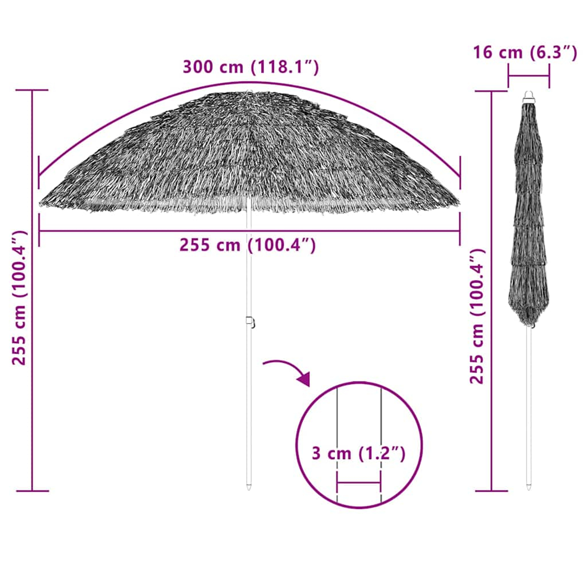 Un diagramma di un ombrellone. Le dimensioni sono indicate in cm e pollici. L'ombrello è fatto di paglia, con un palo. Vengono fornite le misure.