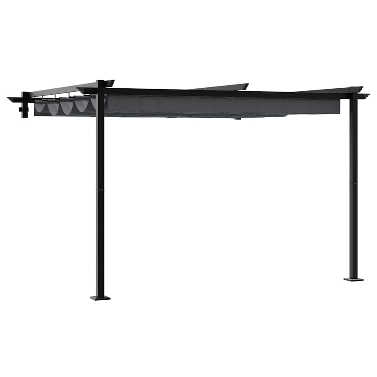 Una pergola in metallo nero con quattro montanti. Ha una tettoia grigia retrattile. Lo sfondo è bianco.