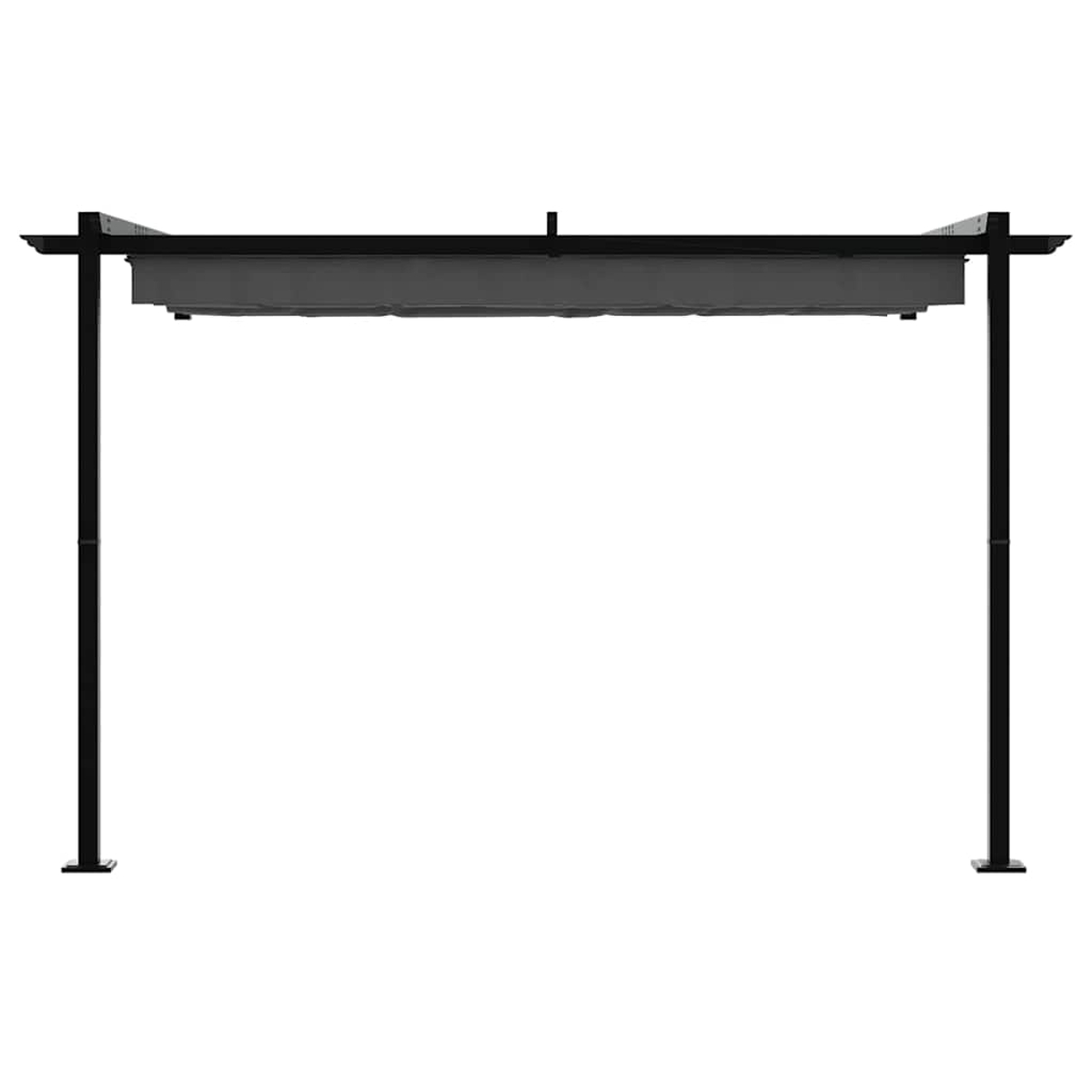 Una struttura pergola nera su sfondo bianco. Ha una parte superiore rettangolare con tessuto, sostenuta da quattro montanti verticali.
