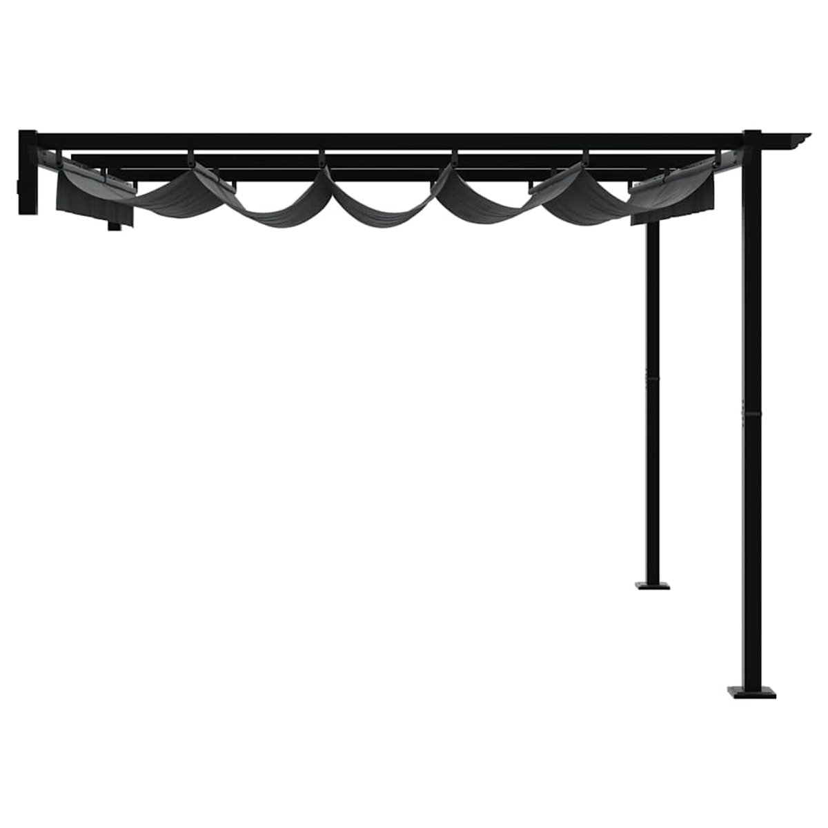 Una pergola nera con tende in tessuto grigio. Ha quattro travi di supporto verticali e una struttura superiore rettangolare.