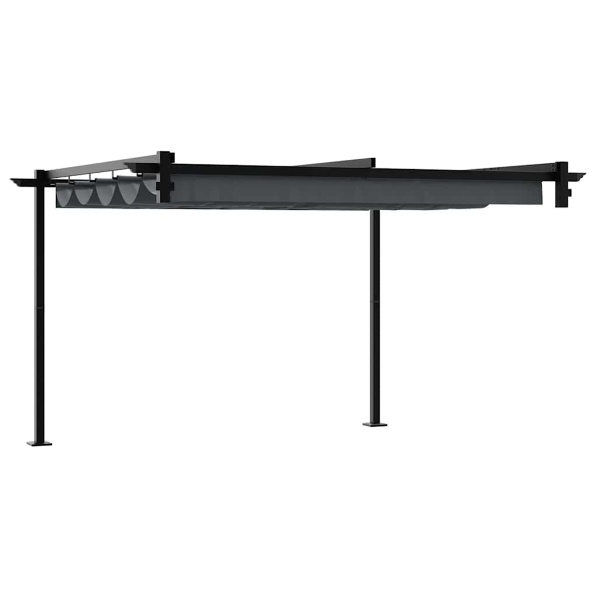 Una struttura a pergola nera con tettoia grigia su sfondo bianco. Sono visibili quattro montanti neri.