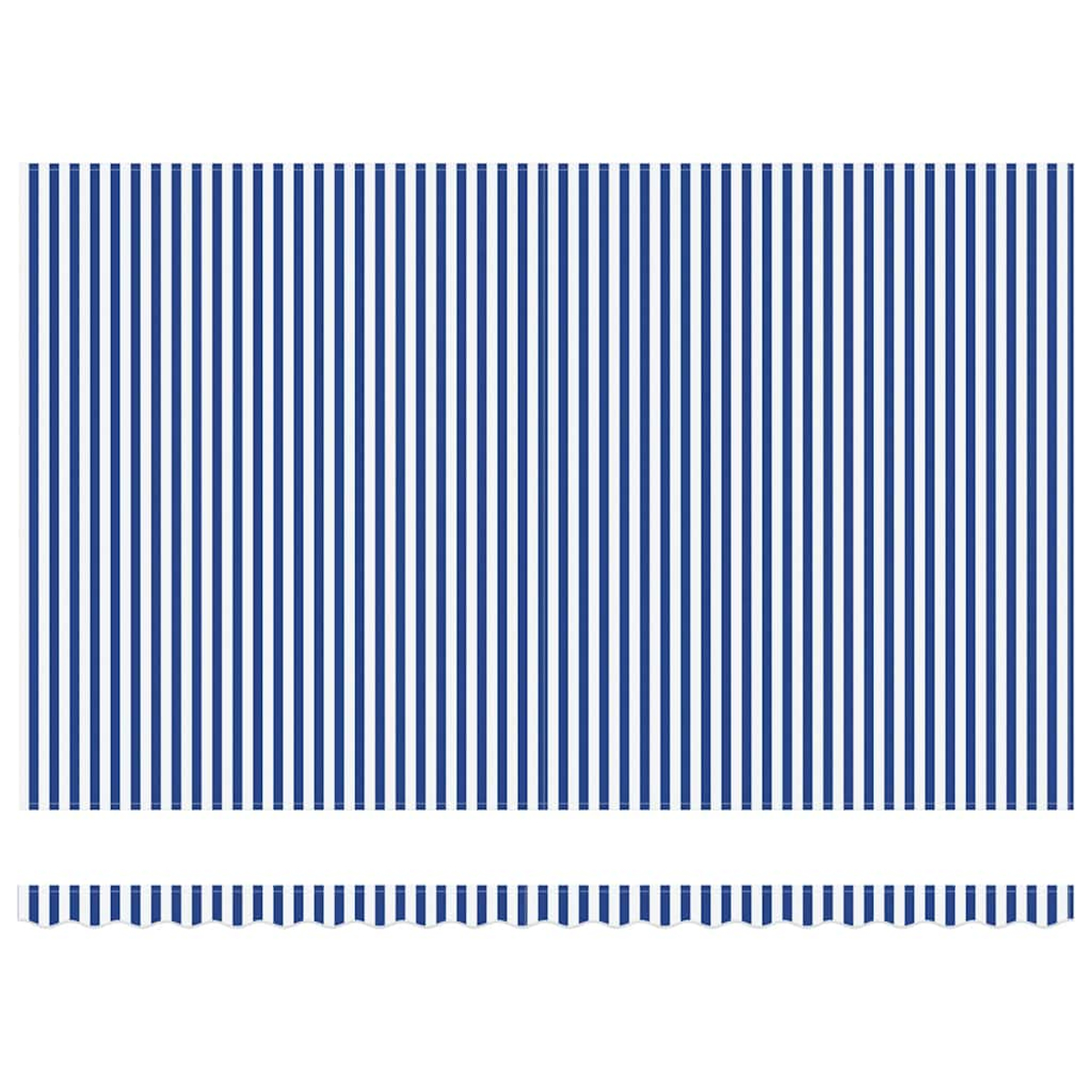 Ein sich wiederholendes Muster aus vertikalen blauen und weißen Streifen. Am unteren Rand befindet sich ein gewellter Rand aus abwechselnd blauen und weißen Streifen.