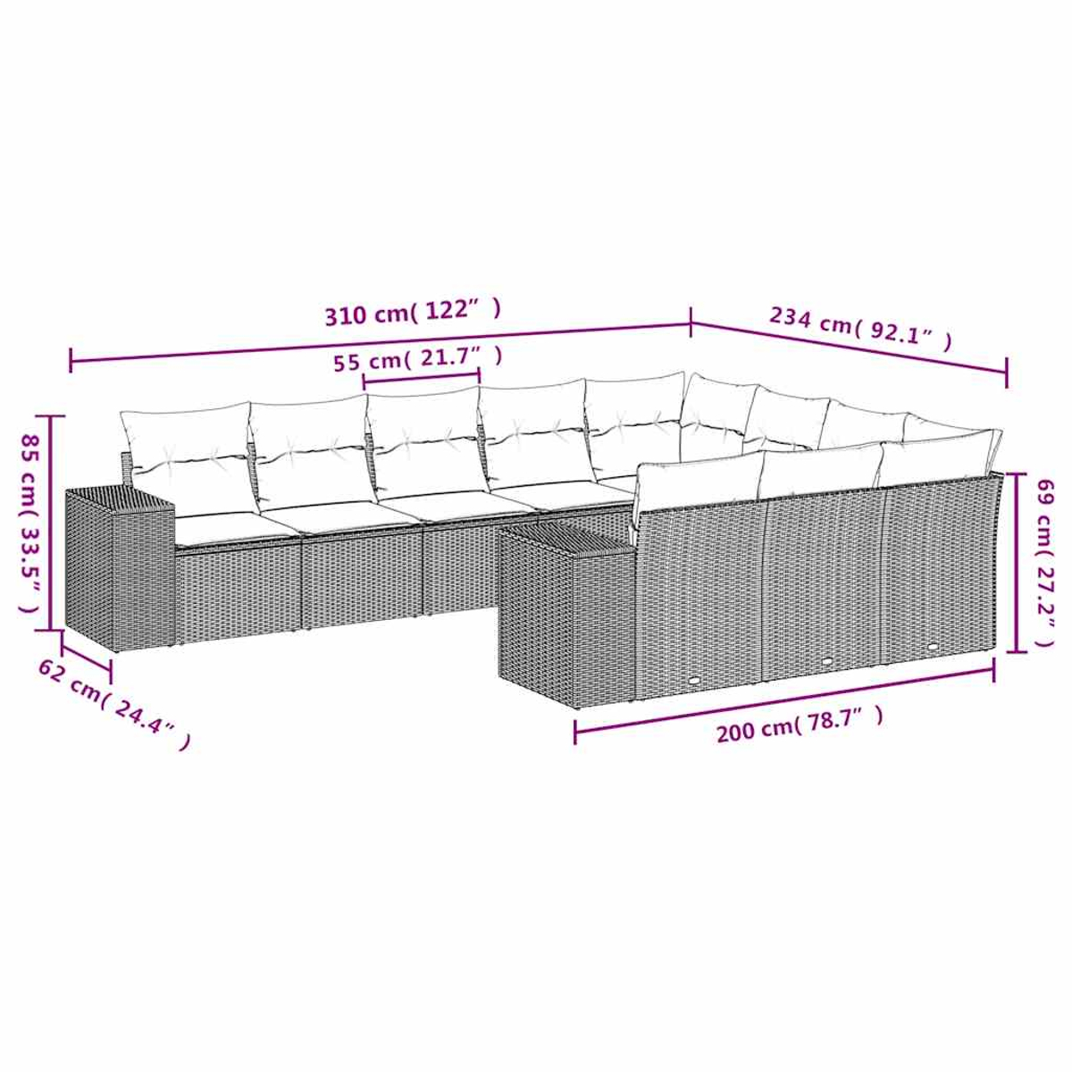 Ein geflochtenes Outdoor-Ecksofa mit beschrifteten Abmessungen. Es hat Kissen und ist L-förmig angeordnet.
