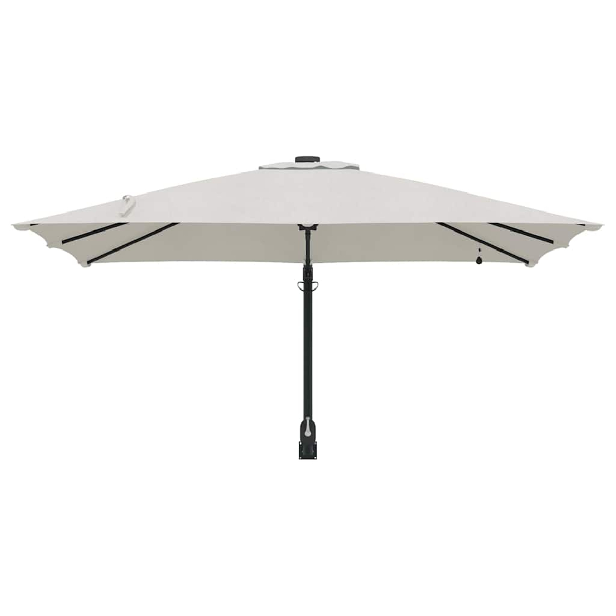 Un ombrellone da patio rettangolare beige con palo e struttura neri, su sfondo bianco. È aperto.