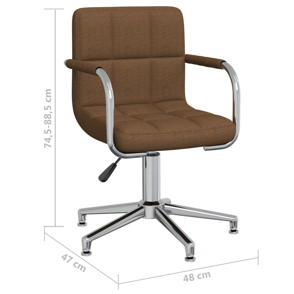 Ein brauner Bürostuhl mit Chromarmen, -fuß und Hebel. Abmessungen sind auf dem Bild angegeben: 74,5-88,5 cm, 47 cm und 48 cm.