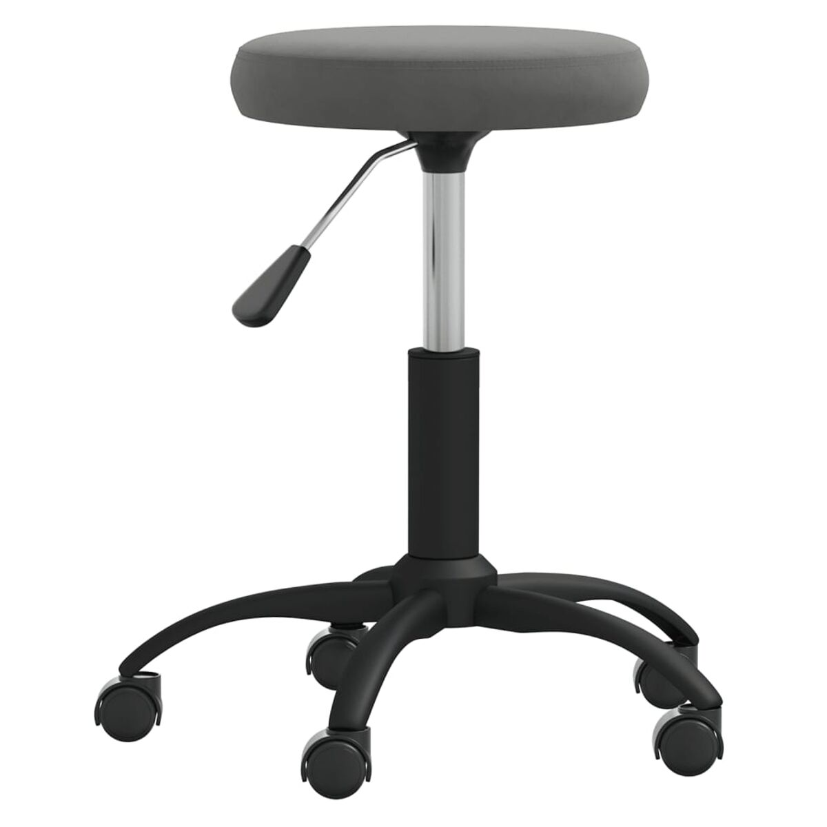 Grauer Hocker mit rundem Sitz, schwarzem Fuß mit Rollen und einem höhenverstellbaren Mechanismus.