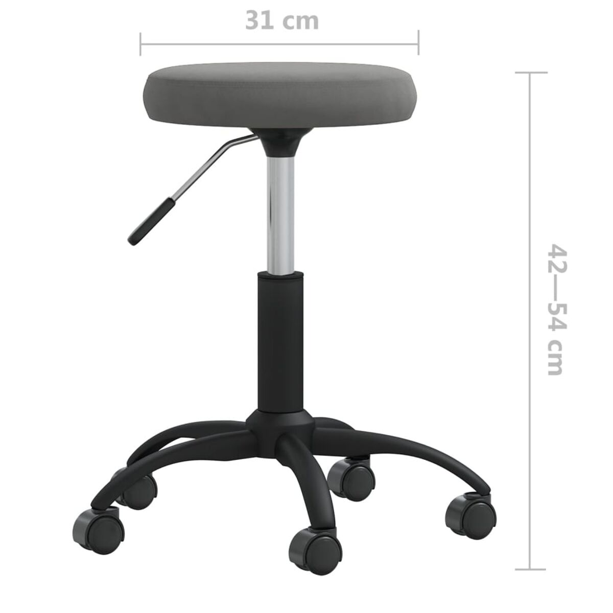 Ein grauer Hocker mit rundem Sitz, höhenverstellbar und schwarzem Untergestell mit Rollen. Maße: 31 cm breit, 42-54 cm hoch.