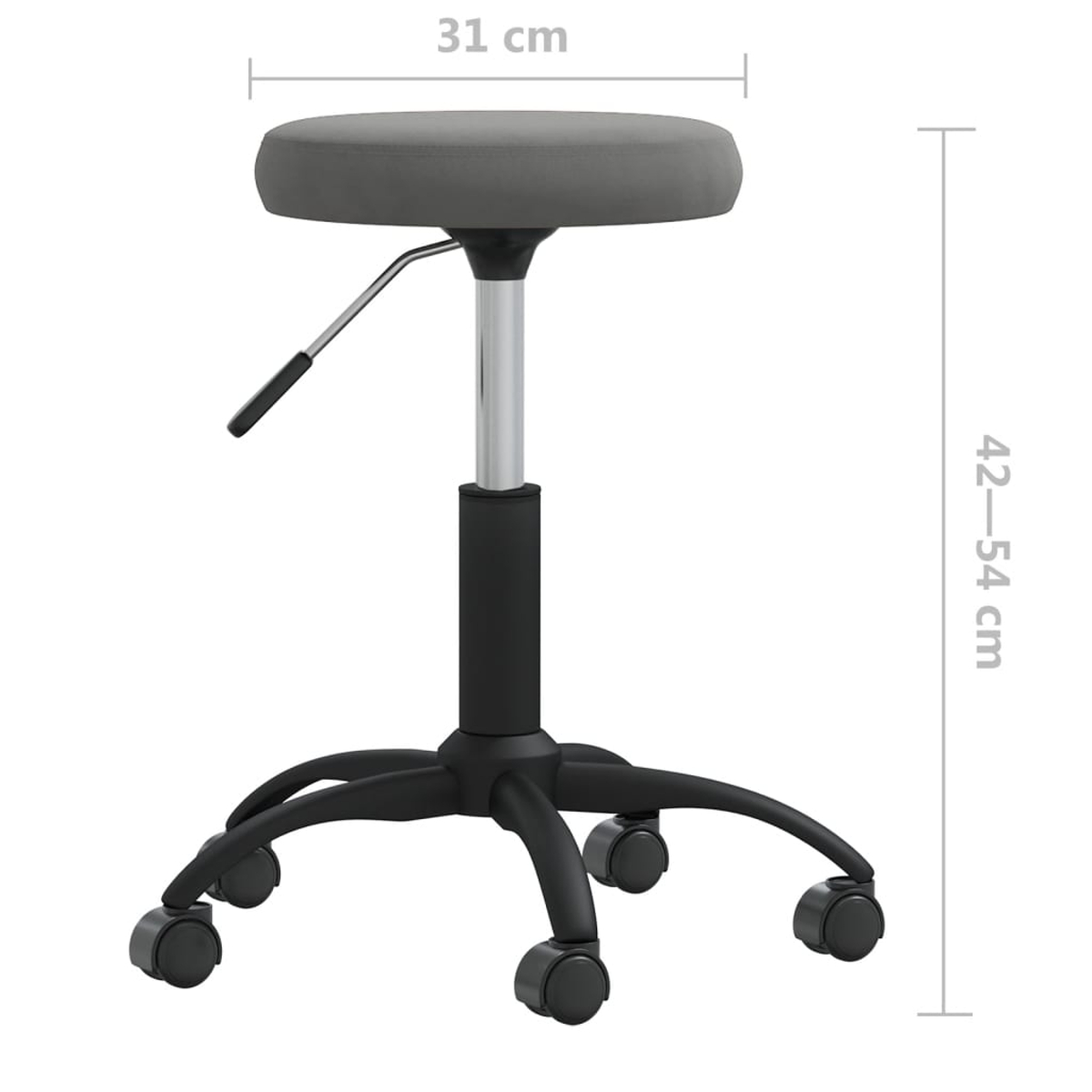 Ein grauer, runder Hocker auf Rädern. Er hat einen schwarzen Sockel und einen silbernen, verstellbaren Stiel. Die Maße sind angegeben: 31 cm und 42-54 cm.
