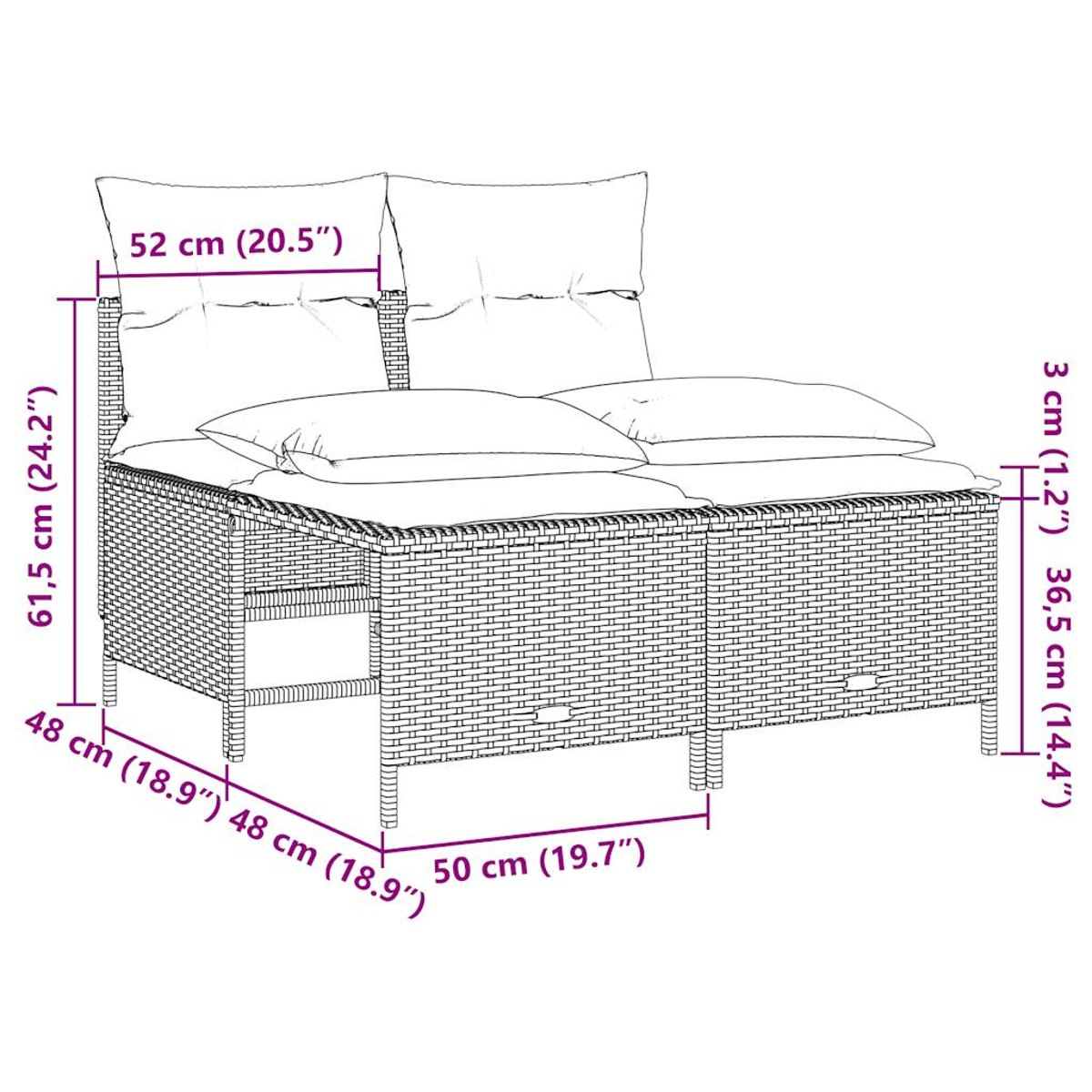 Zweisitzer-Korbsessel mit Kissen. Maße sind in Zentimetern und Zoll angegeben. Das Sofa ist beige mit weißen Kissen.