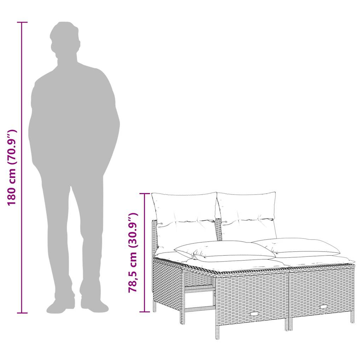 Eine Person steht neben einem Korbsessel mit Kissen. Messungen zeigen, dass die Person 180 cm und das Sofa 78,5 cm groß ist.