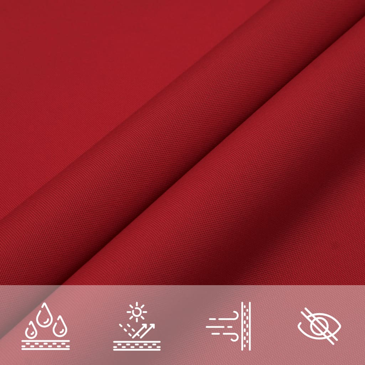 Primo piano di tessuto rosso con trama sottile, piegato in diagonale. Icone in basso suggeriscono resistenza all'acqua, protezione UV e traspirabilità.