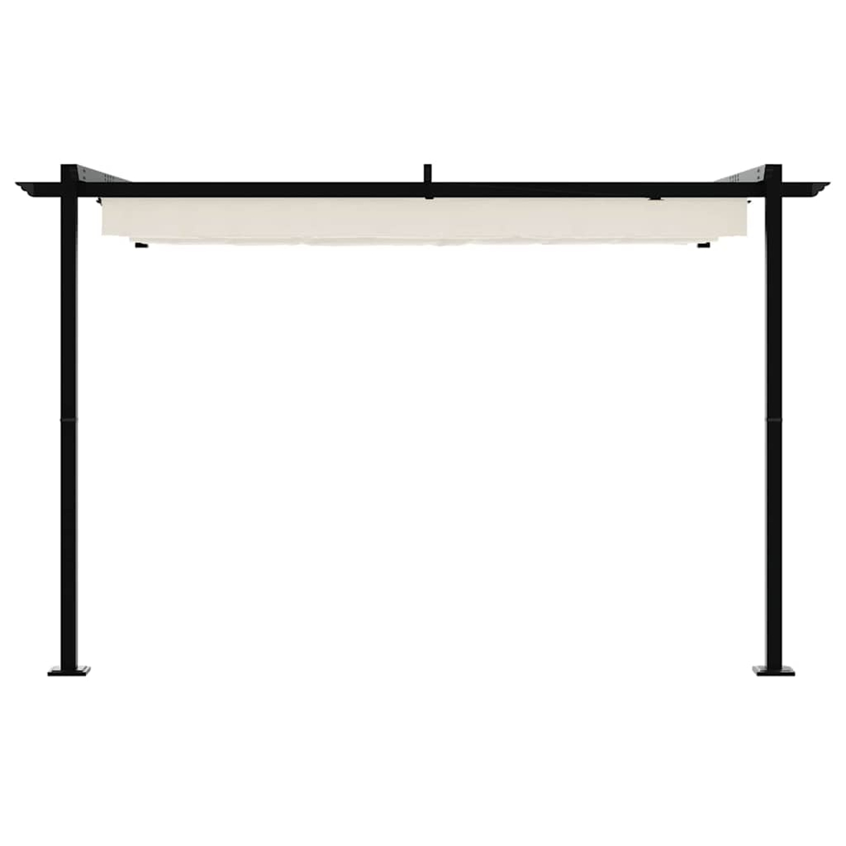Eine schwarze Metallpergola mit einem cremefarbenen Baldachin. Der Rahmen ist quadratisch mit vier Pfosten und einem Stoffdach.