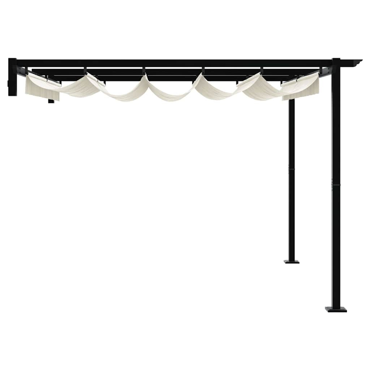 Schwarze Pergola mit weißem Stoffdach. Vier schwarze Pfosten tragen den Rahmen. Weißer Hintergrund.