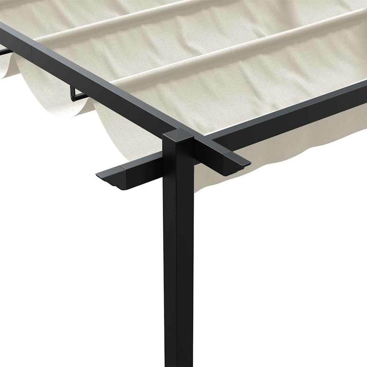 Schwarze Metallpergola mit beigem Stoffdach. Die Struktur hat einen vertikalen Pfosten mit horizontalen Balken und Stoffbahnen.