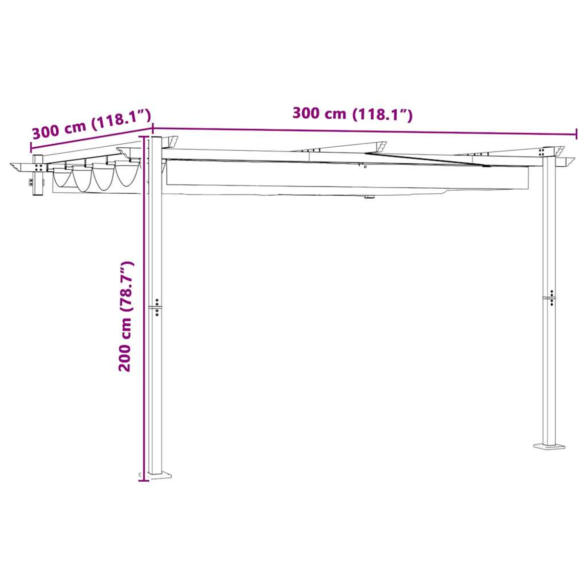 Eine weiße Pergola mit Maßangaben. Sie hat eine rechteckige Oberseite, die von vier vertikalen Pfosten getragen wird. Die Maße sind in cm und Zoll angegeben.
