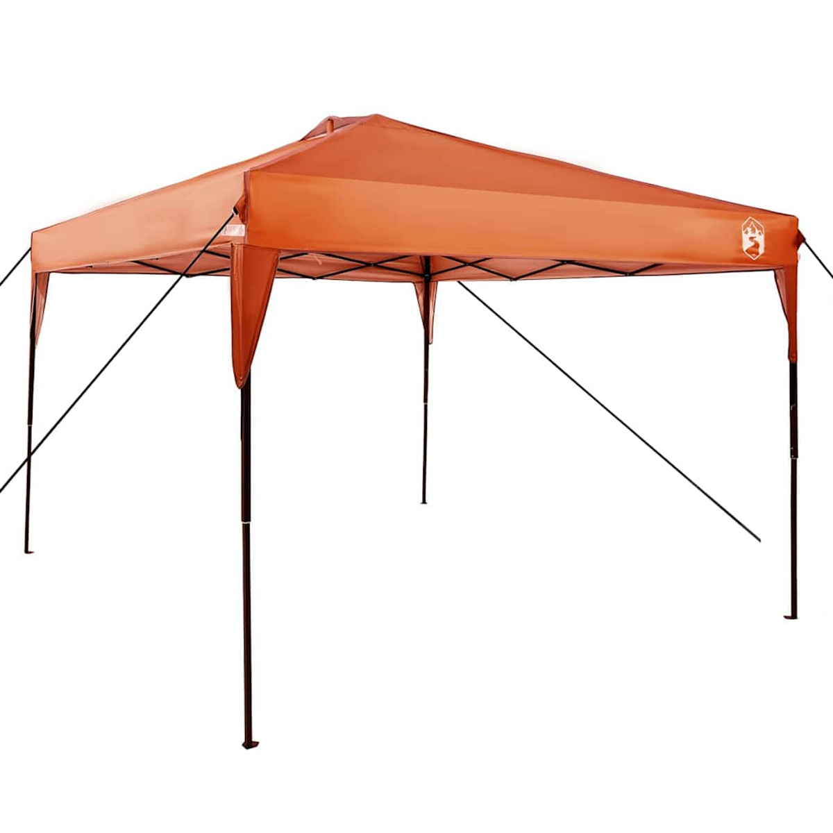 Un gazebo arancione con pali di supporto neri. Ha un logo sul lato. Sfondo bianco.