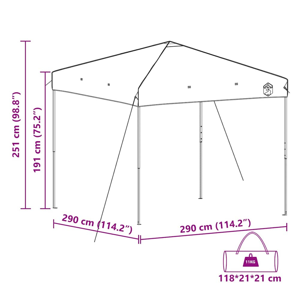 Diagramma di un gazebo con dimensioni in cm e pollici. È mostrata anche una borsa da 11 kg con le sue dimensioni.