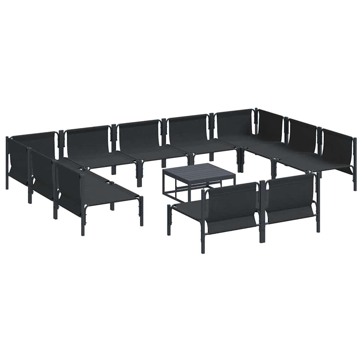 Outdoor-Möbelset in quadratischer Anordnung. Enthält dunkelgraue Stühle und einen kleinen Tisch. Alles auf weißem Hintergrund.