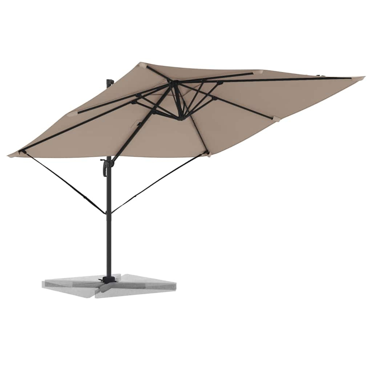 Un ombrellone da patio quadrato beige con cornice nera è aperto. La base è di colore grigio chiaro.
