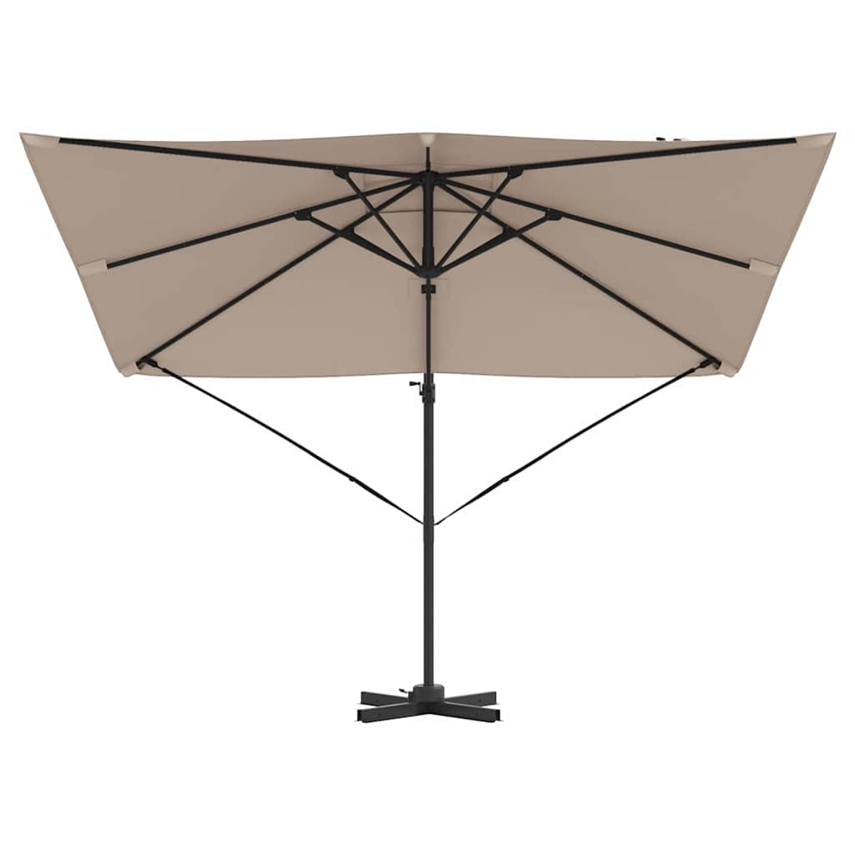 Un ombrellone quadrato beige, con struttura e palo in metallo nero, su sfondo bianco.