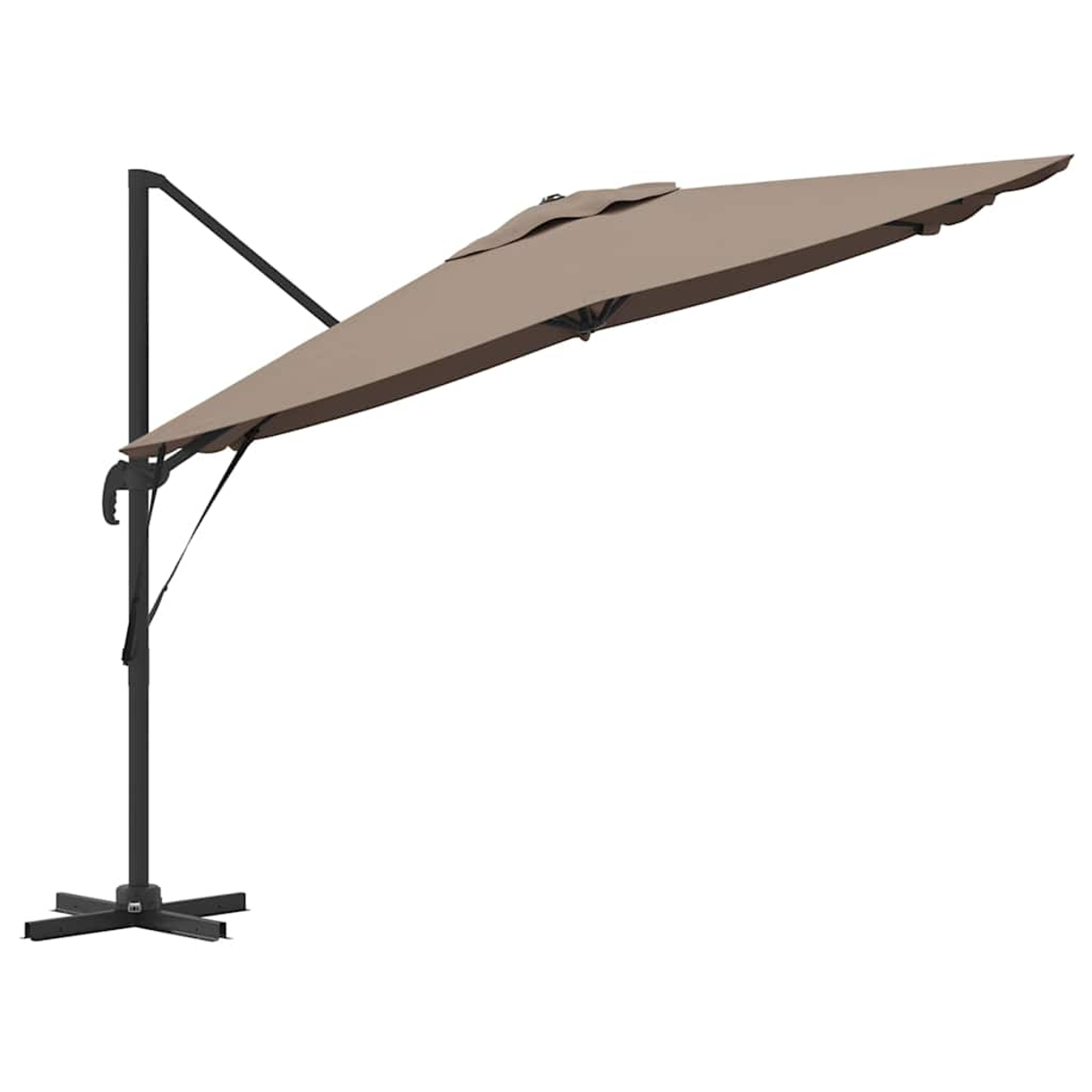 Un ombrellone a sbalzo beige. Ha un baldacchino marrone, un palo e un telaio neri e una base nera. Lo sfondo è bianco.
