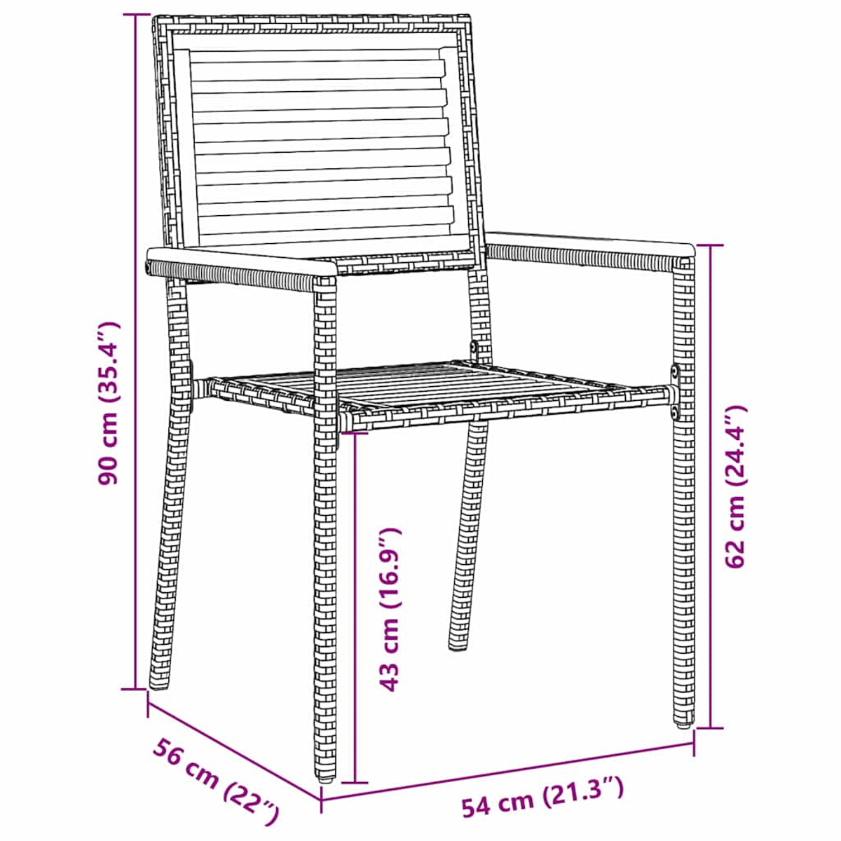 Ein Rattanstuhl mit Armlehnen. Abmessungen sind beschriftet: 90 cm hoch, 56 cm breit, 54 cm tief, 43 cm Sitzhöhe und 62 cm Armlehnenhöhe.