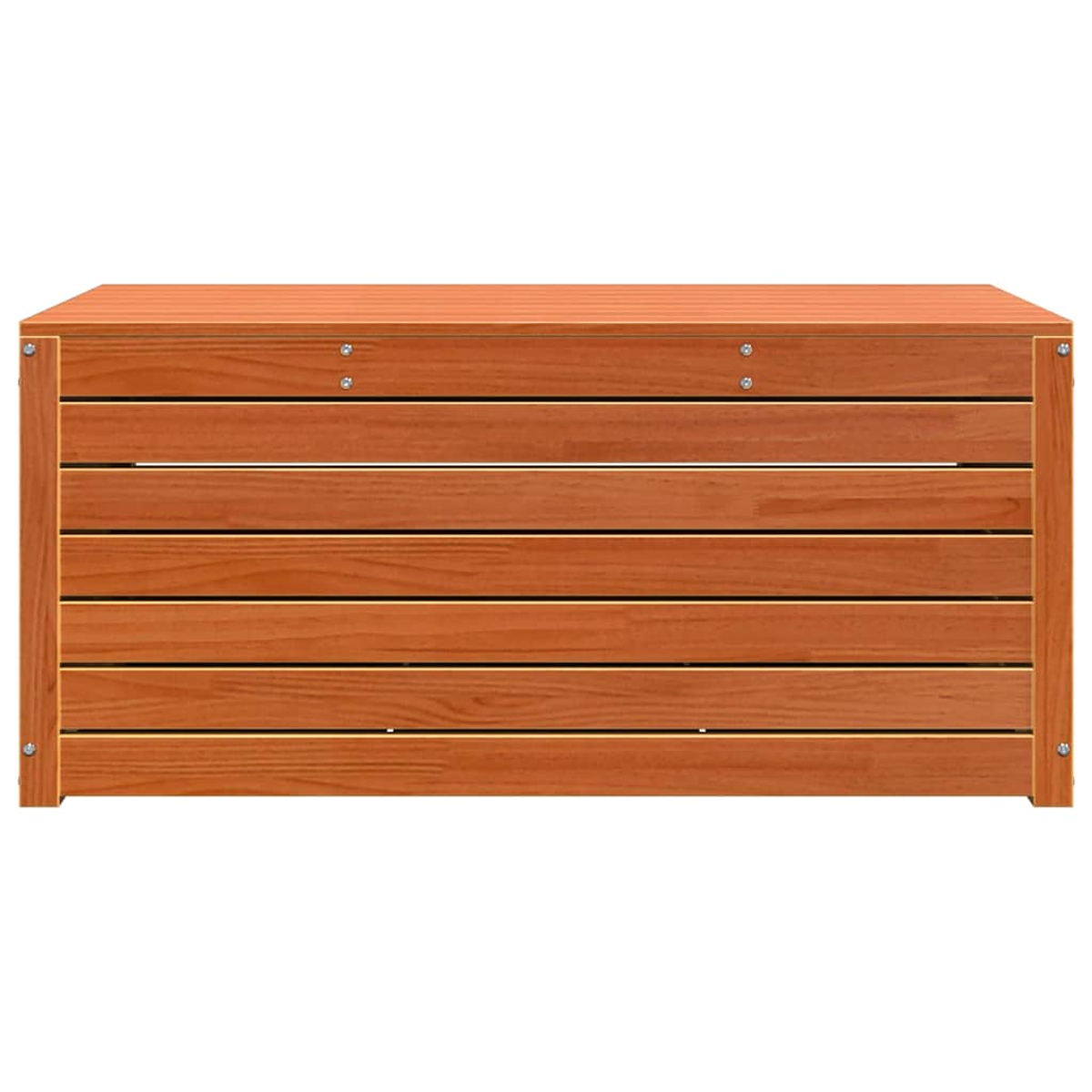 Eine rechteckige Holz-Aufbewahrungsbox mit horizontalen Brettern und Metallschrauben auf weißem Hintergrund.